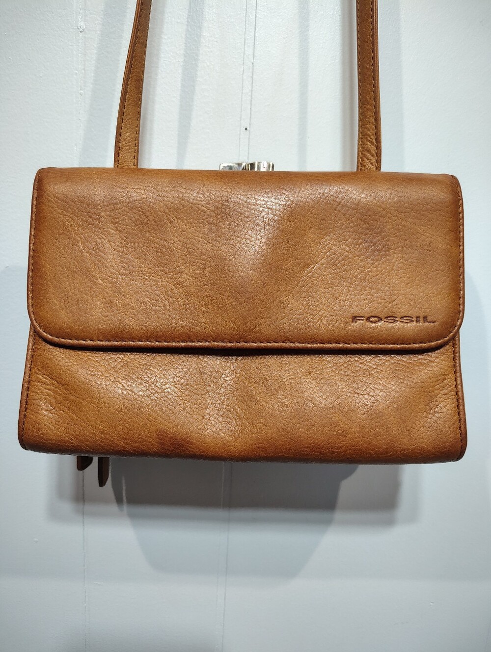 Fossil Tan Leather Crossbody Organizer Wallet Kisslock All In One Vintage - Picture 7 of 7
